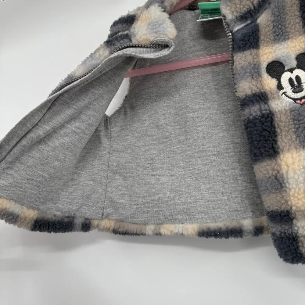 Disney‎ Mickey Mouse Baby Boy's Faux Sherpa Vest Gray/Cream Plaid Size 0/3M